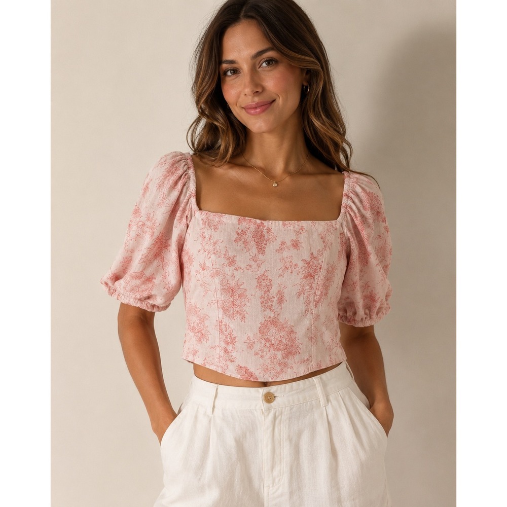 Cynthia Rowley Pink European Flax Linen Toile Smocked Puff Sleeve Top XL
